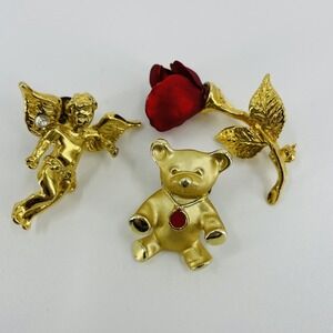 Vintage Lot of 3 Pins/Brooches Gold Plate Bear Angel Rose